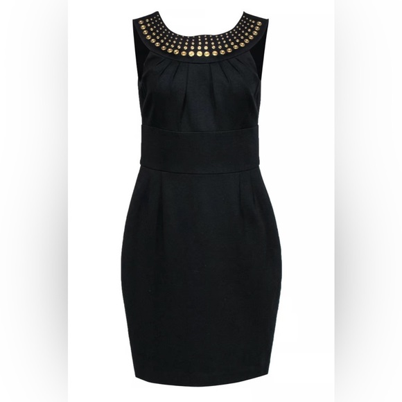 Trina Turk Sheath Bodycon Dress Round Neck Gold Studs Party Cocktail Blk Size 6 - Picture 1 of 8